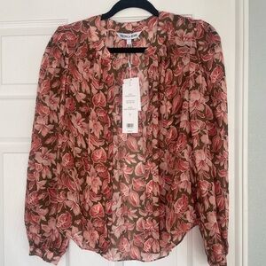 Veronica Beard Floral Silk Blouse - Brown and Pink